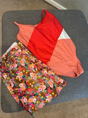 Summersalt Colorblock Red & Peach One-Piece Swimsuit &  Rifle swim skirt